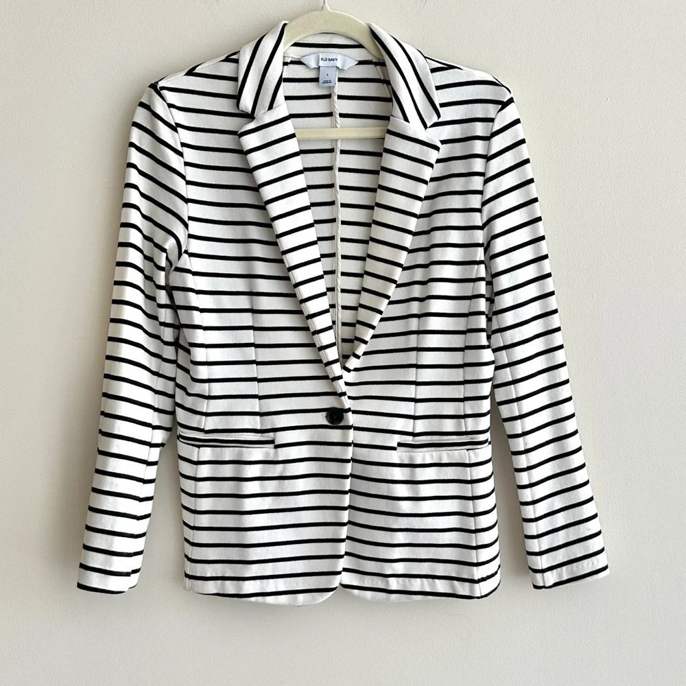 Old Navy Black and White Striped Casual Blazer, Stretchy Suit Jacket, Small